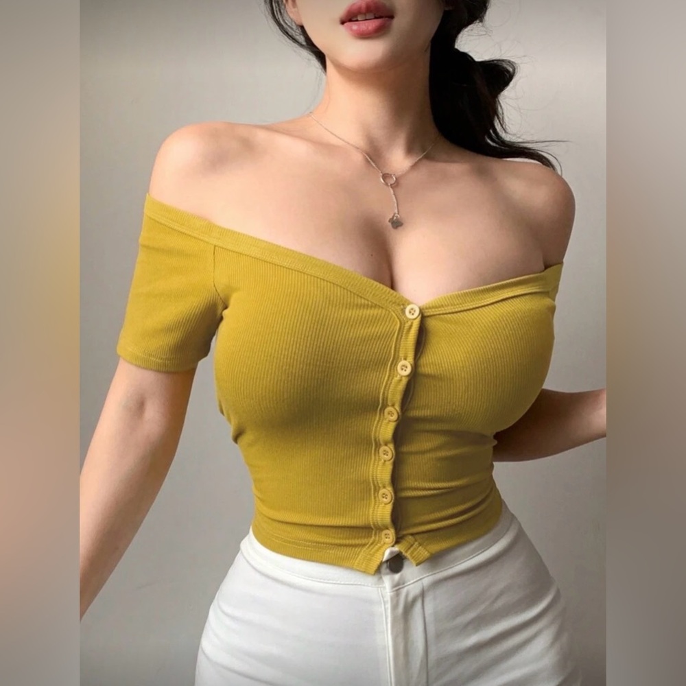 Dazy Large Ladies" Plain Slim Fit Ribbed Off Shoulder Short Sleeve Mustard color